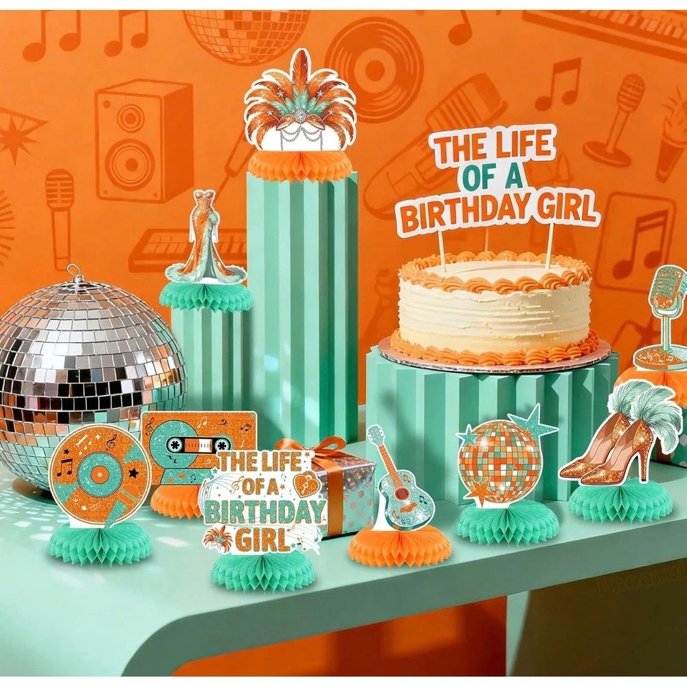 NWT Showgirl Era Birthday Party Centerpieces 9pc Orange Mint Glitter Table Decor